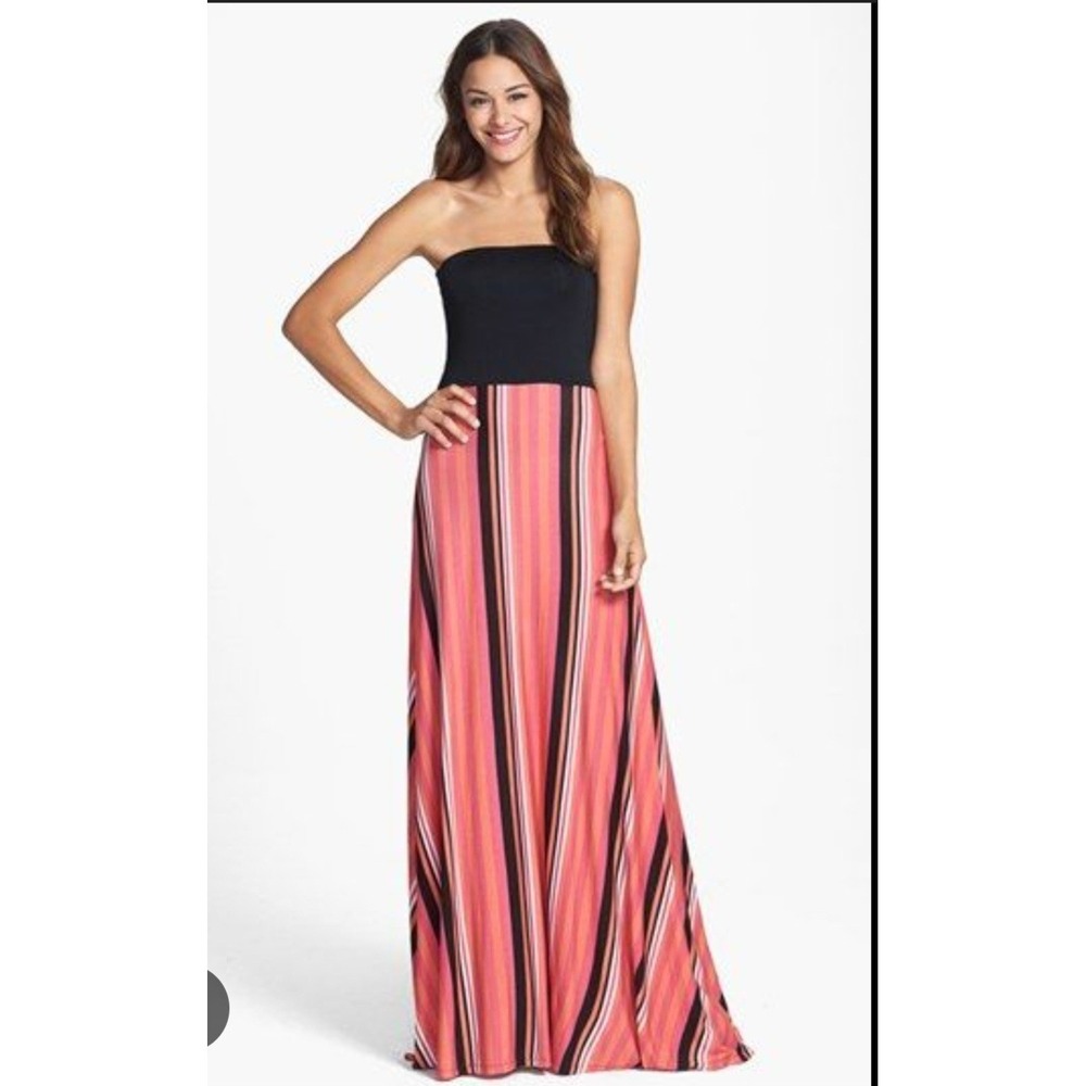 Felicity & Coco Samantha Black Top Striped Bottom Flowy Skirt Maxi Dress Sz S